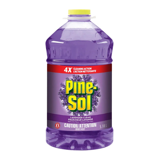 Purple bottle of Pine-Sol cleaner with a lavender scent on a white background