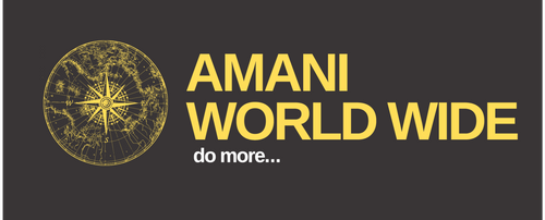 Amani World Wide logo with a compass design on a dark background