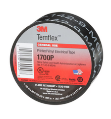 3M Canada
        
        Tape - 3M™ Temflex™ Vinyl Electrical Tape, printed, black, 1-1/2" x 66' (38 mm x 20 m), MSHA approved, 1700P