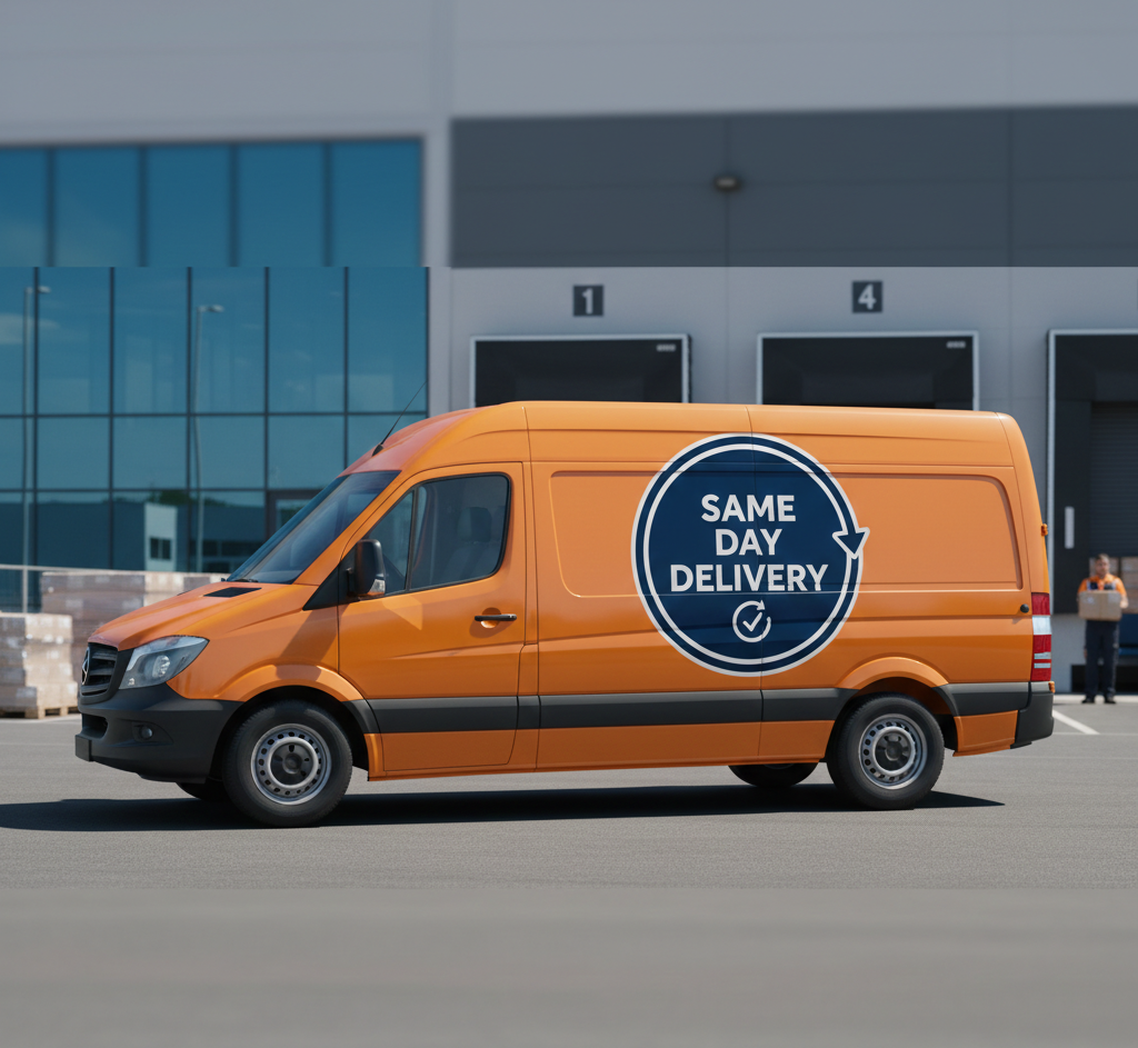 Orange delivery van with 'Same Day Delivery' logo in front of a building.